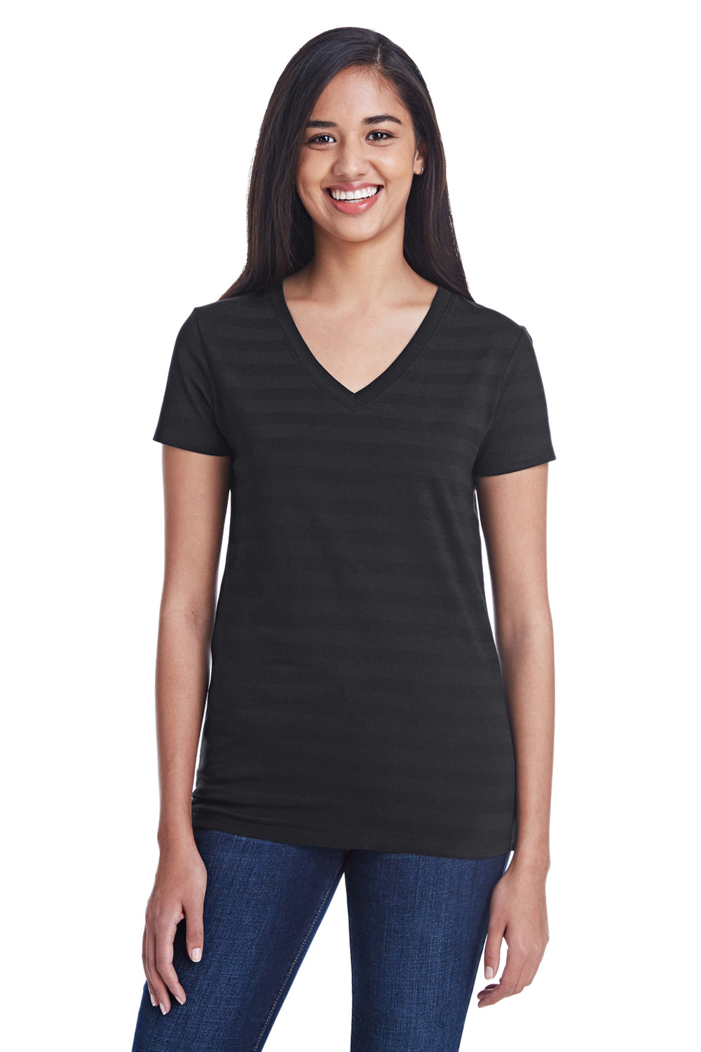 Threadfast Apparel 252RV Womens Short Sleeve V-Neck T-Shirt Black Model Front