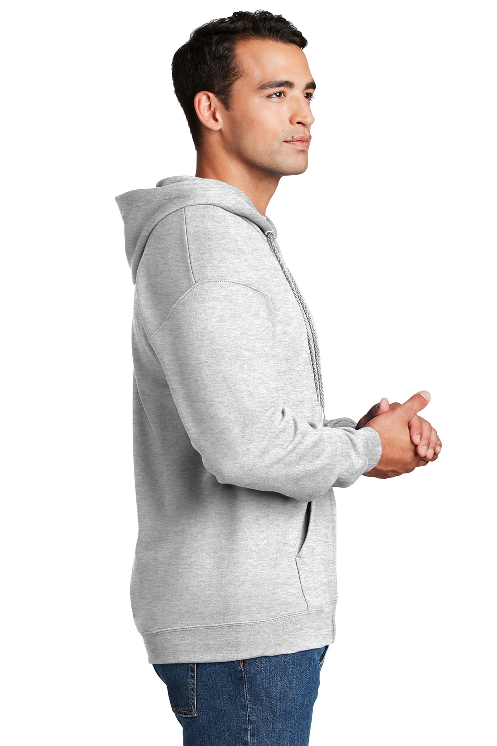 Hanes F283/F280 Mens Ultimate Cotton PrintPro XP Pill Resistant Full Zip Hooded Sweatshirt Hoodie w/ Pockets Ash Grey Model Side