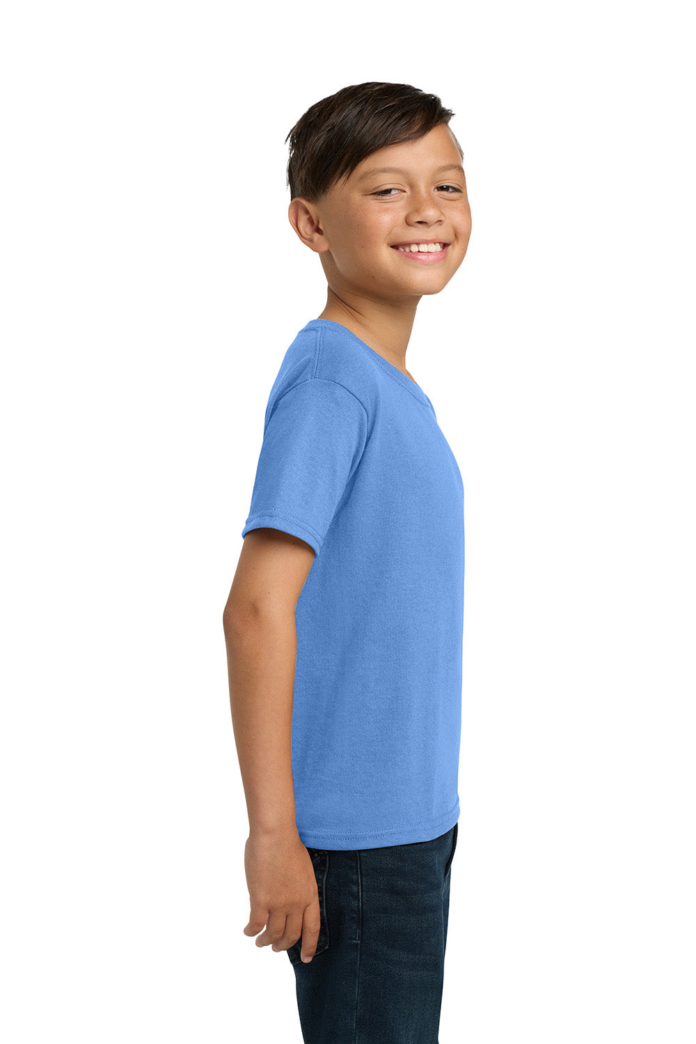 Jerzees 29B/29BR Youth Dri-Power Moisture Wicking Short Sleeve Crewneck T-Shirt Columbia Blue Model Side