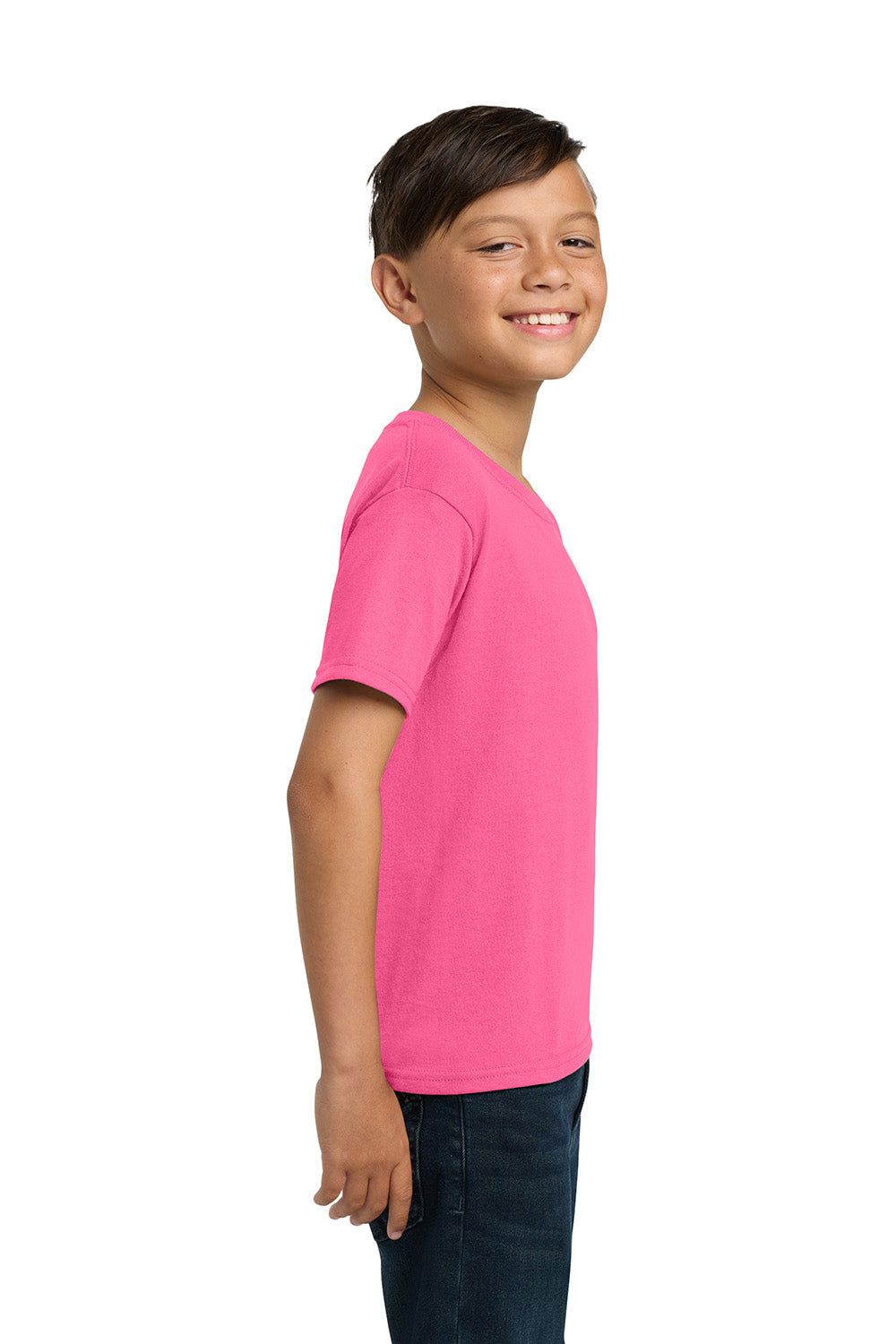 Jerzees 29B/29BR Youth Dri-Power Moisture Wicking Short Sleeve Crewneck T-Shirt Neon Pink Model Side