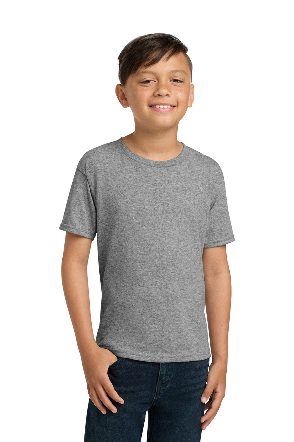 Jerzees 29B/29BR Youth Dri-Power Moisture Wicking Short Sleeve Crewneck T-Shirt Oxford Grey Model Front