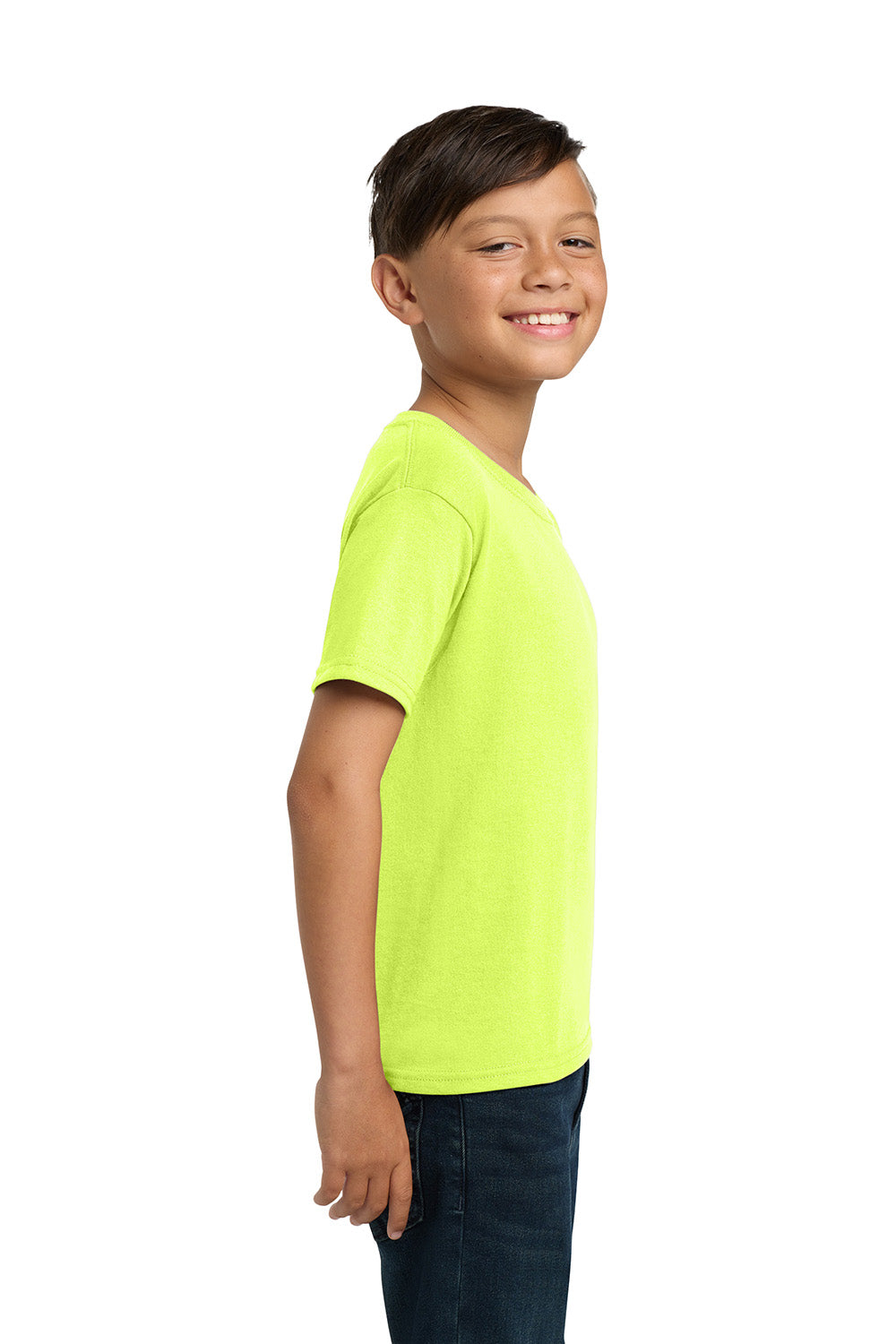 Jerzees 29B/29BR Youth Dri-Power Moisture Wicking Short Sleeve Crewneck T-Shirt Safety Green Model Side