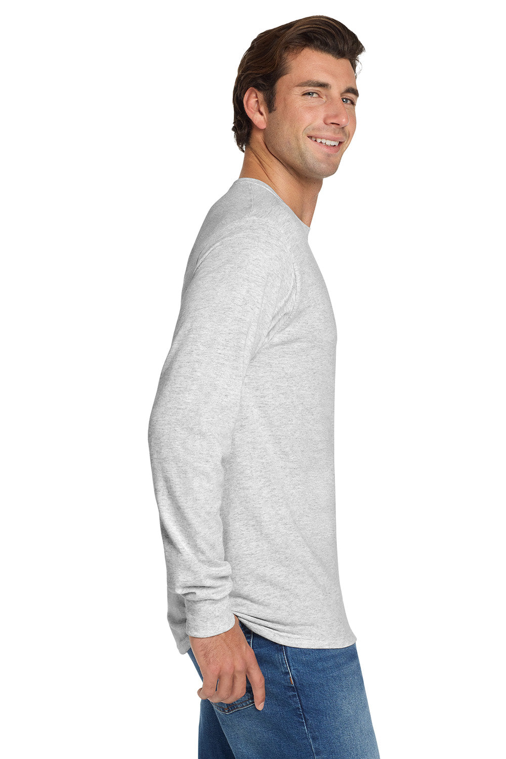 Jerzees 29LS/29L/29LSR Mens Dri-Power Moisture Wicking Long Sleeve Crewneck T-Shirt Ash Grey Model Side