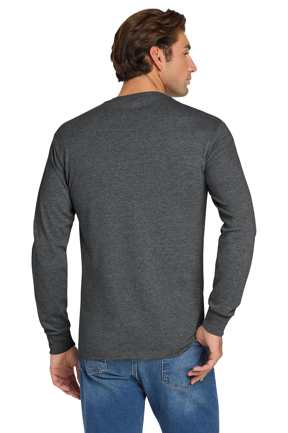 Jerzees 29LS/29L/29LSR Mens Dri-Power Moisture Wicking Long Sleeve Crewneck T-Shirt Heather Black Model Back