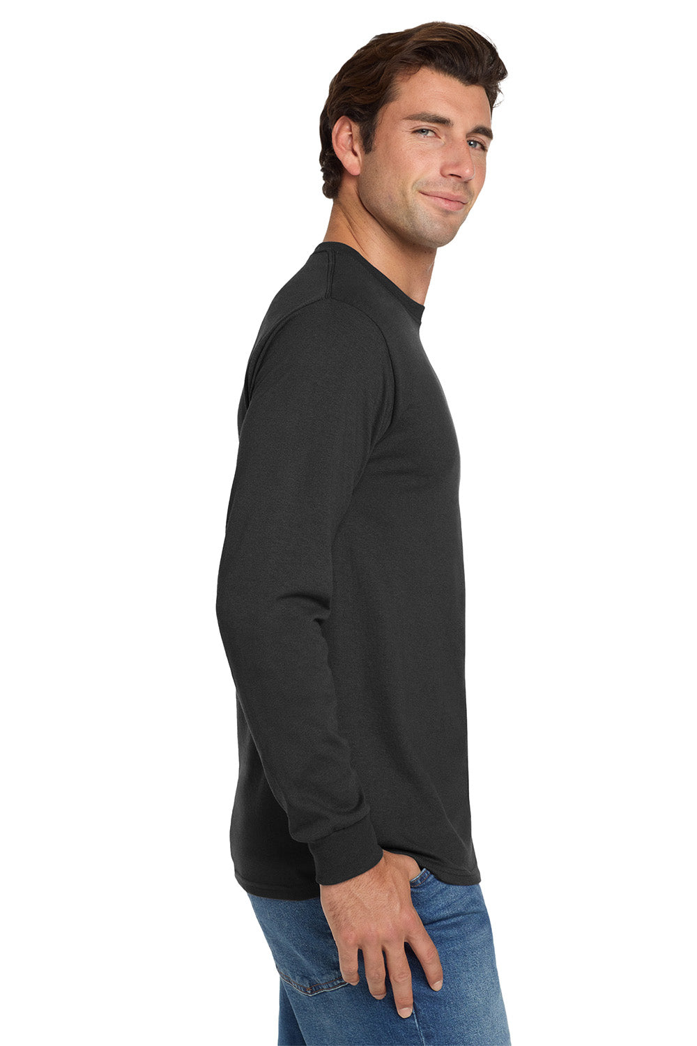 Jerzees 29LS/29L/29LSR Mens Dri-Power Moisture Wicking Long Sleeve Crewneck T-Shirt Black Model Side