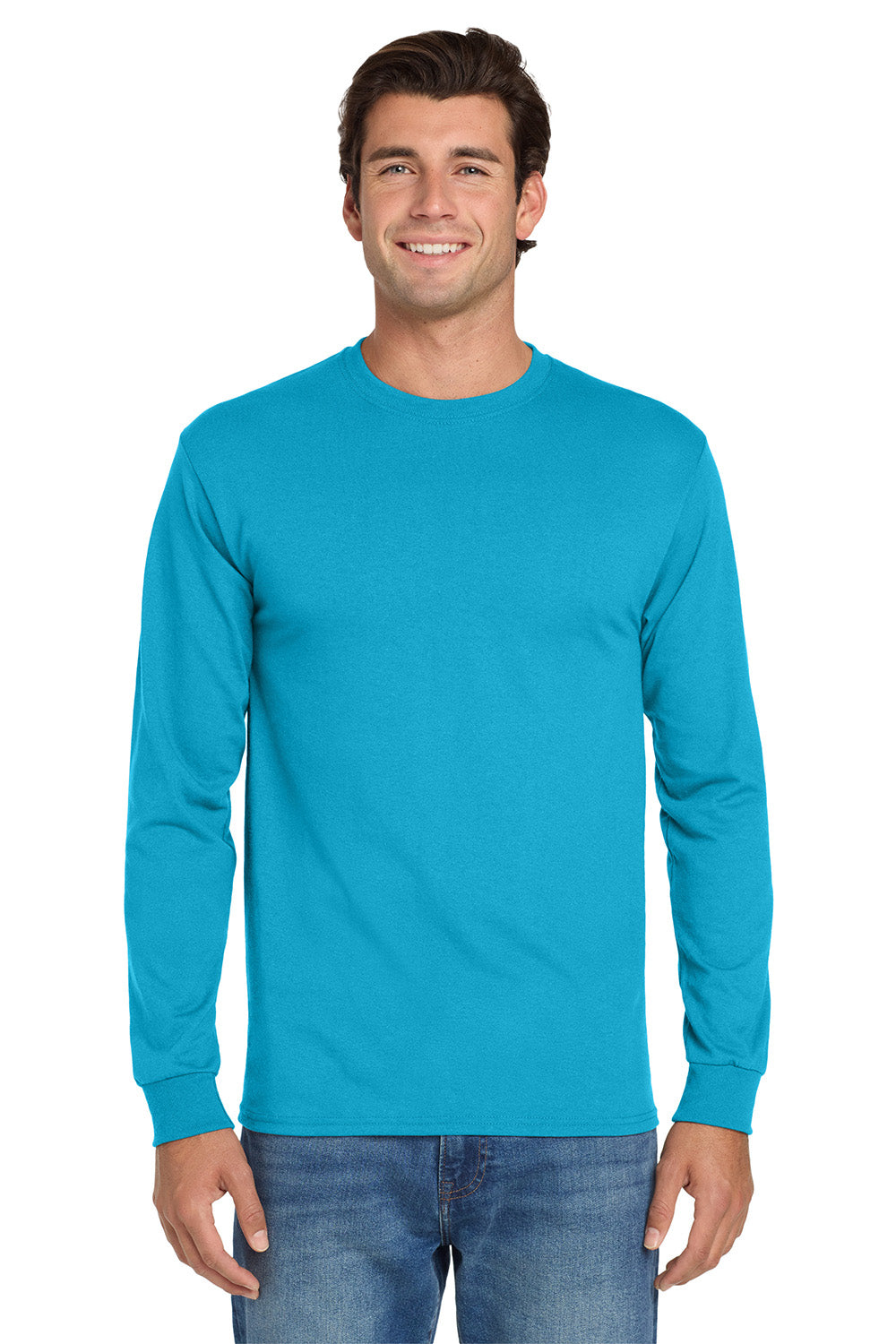 Jerzees 29LS/29L/29LSR Mens Dri-Power Moisture Wicking Long Sleeve Crewneck T-Shirt California Blue Model Front