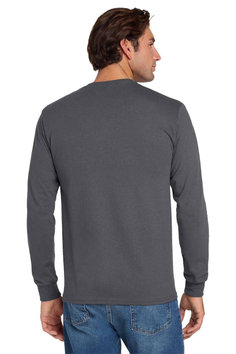 Jerzees 29LS/29L/29LSR Mens Dri-Power Moisture Wicking Long Sleeve Crewneck T-Shirt Charcoal Grey Model Back