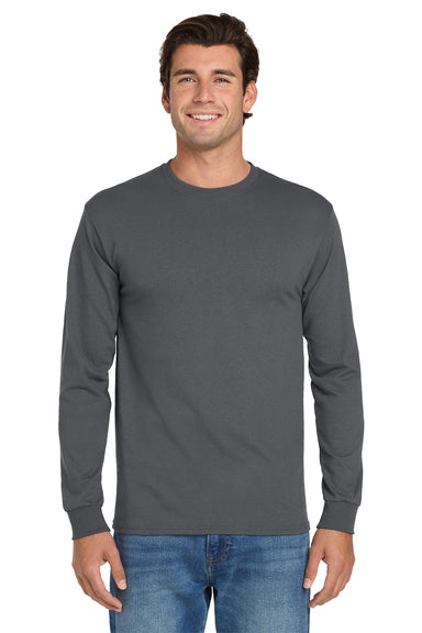 Jerzees 29LS/29L/29LSR Mens Dri-Power Moisture Wicking Long Sleeve Crewneck T-Shirt Charcoal Grey Model Front