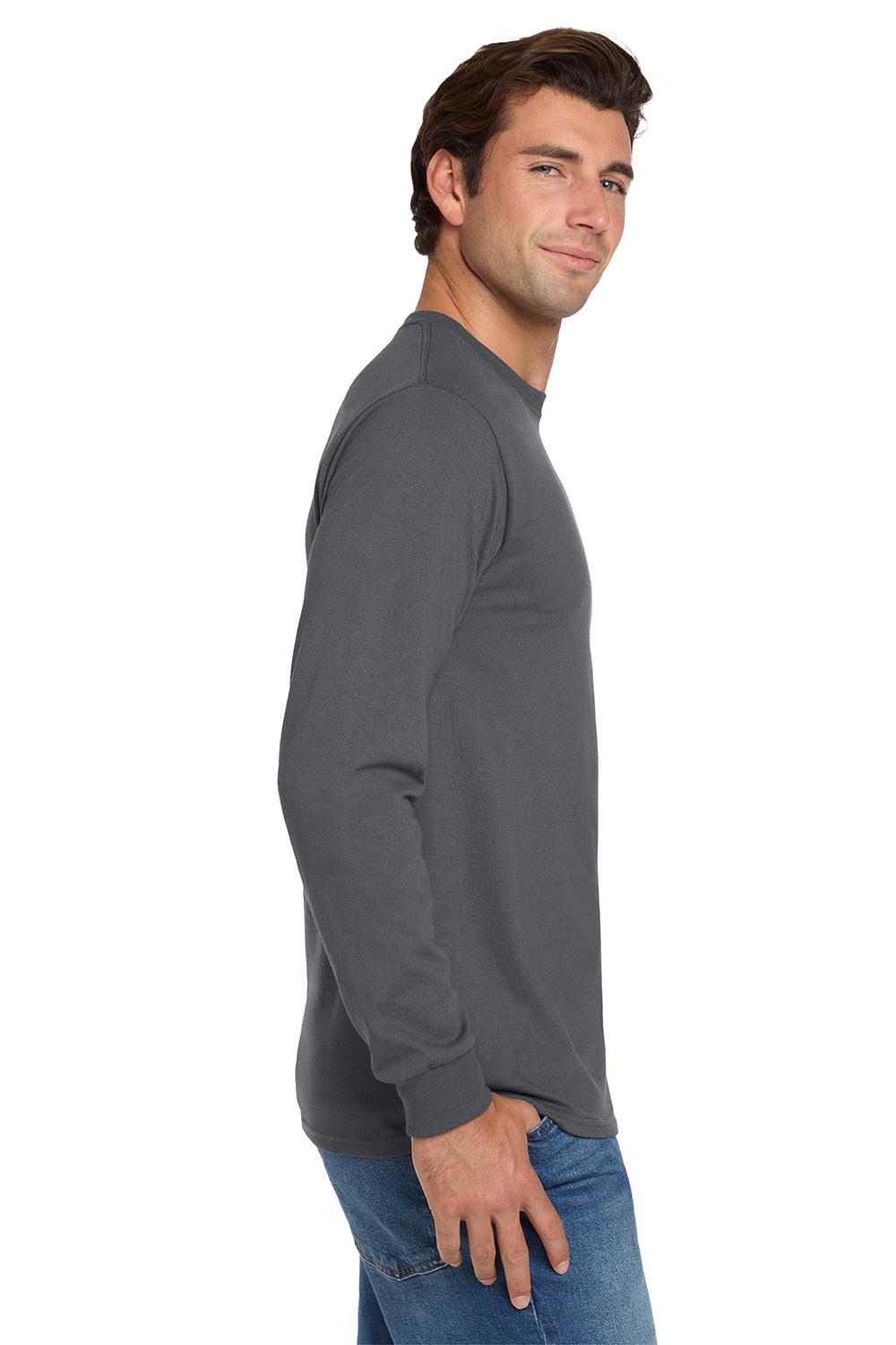 Jerzees 29LS/29L/29LSR Mens Dri-Power Moisture Wicking Long Sleeve Crewneck T-Shirt Charcoal Grey Model Side