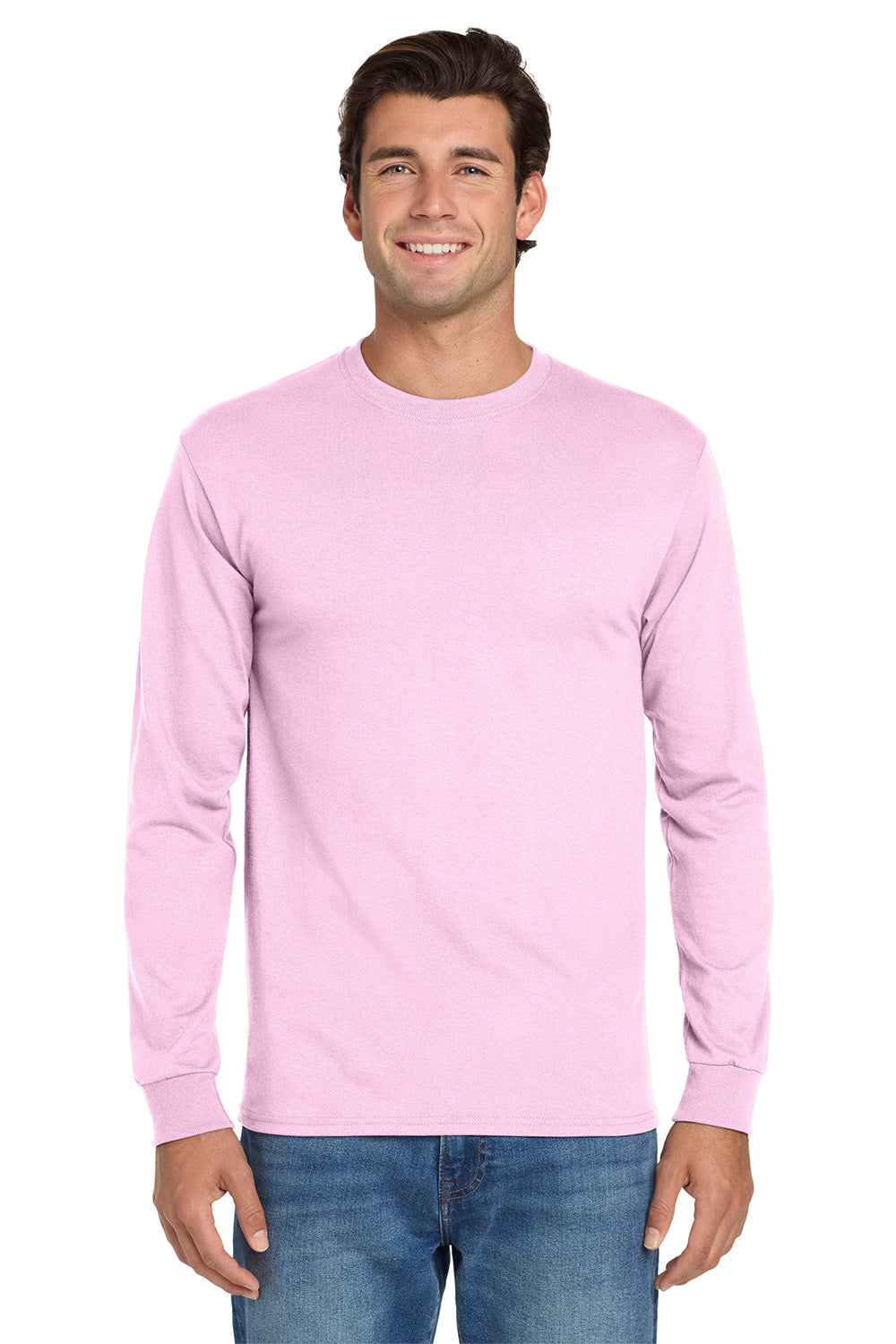 Jerzees 29LS/29L/29LSR Mens Dri-Power Moisture Wicking Long Sleeve Crewneck T-Shirt Classic Pink Model Front