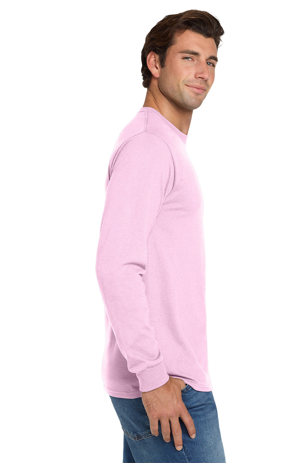 Jerzees 29LS/29L/29LSR Mens Dri-Power Moisture Wicking Long Sleeve Crewneck T-Shirt Classic Pink Model Side