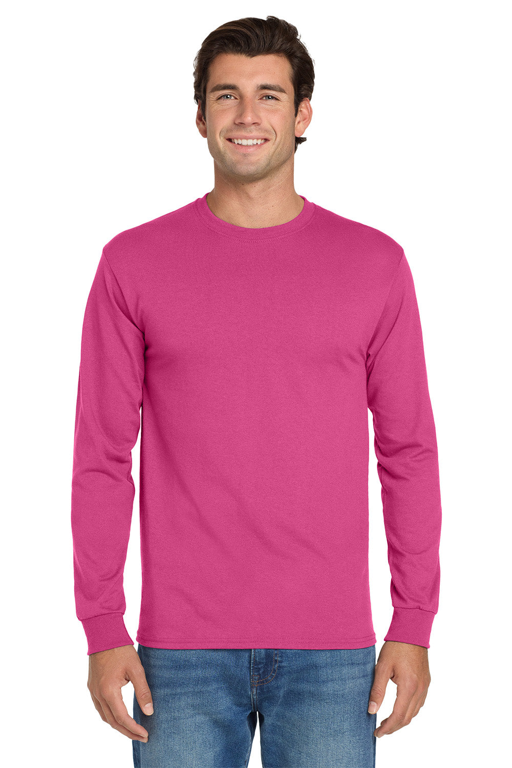 Jerzees 29LS/29L/29LSR Mens Dri-Power Moisture Wicking Long Sleeve Crewneck T-Shirt Cyber Pink Model Front