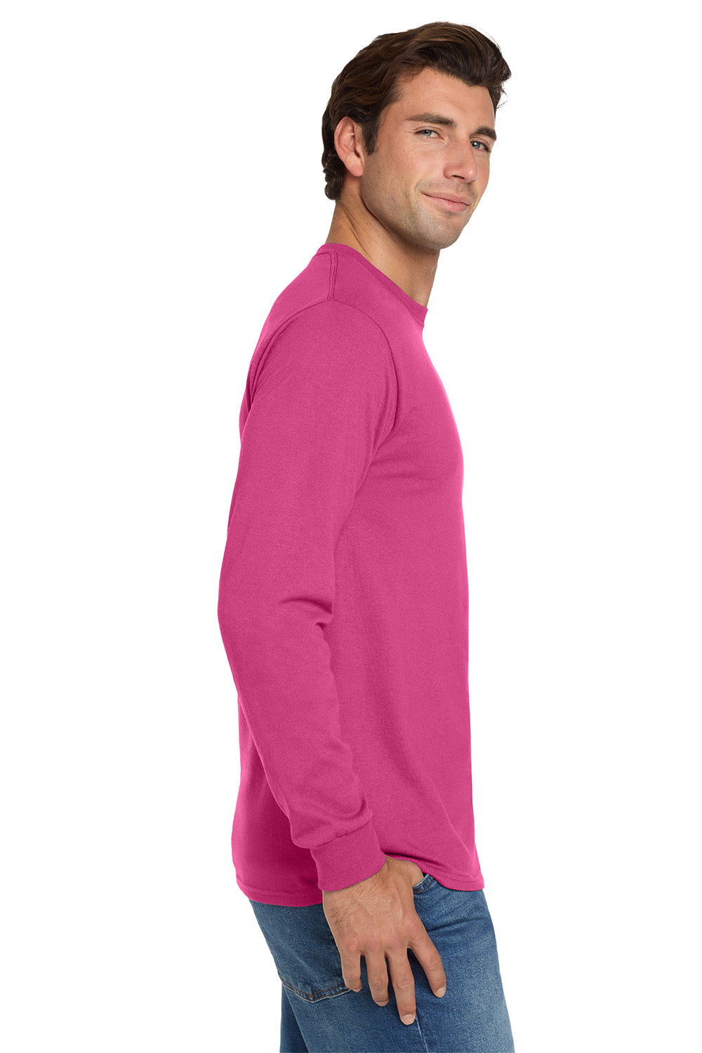 Jerzees 29LS/29L/29LSR Mens Dri-Power Moisture Wicking Long Sleeve Crewneck T-Shirt Cyber Pink Model Side