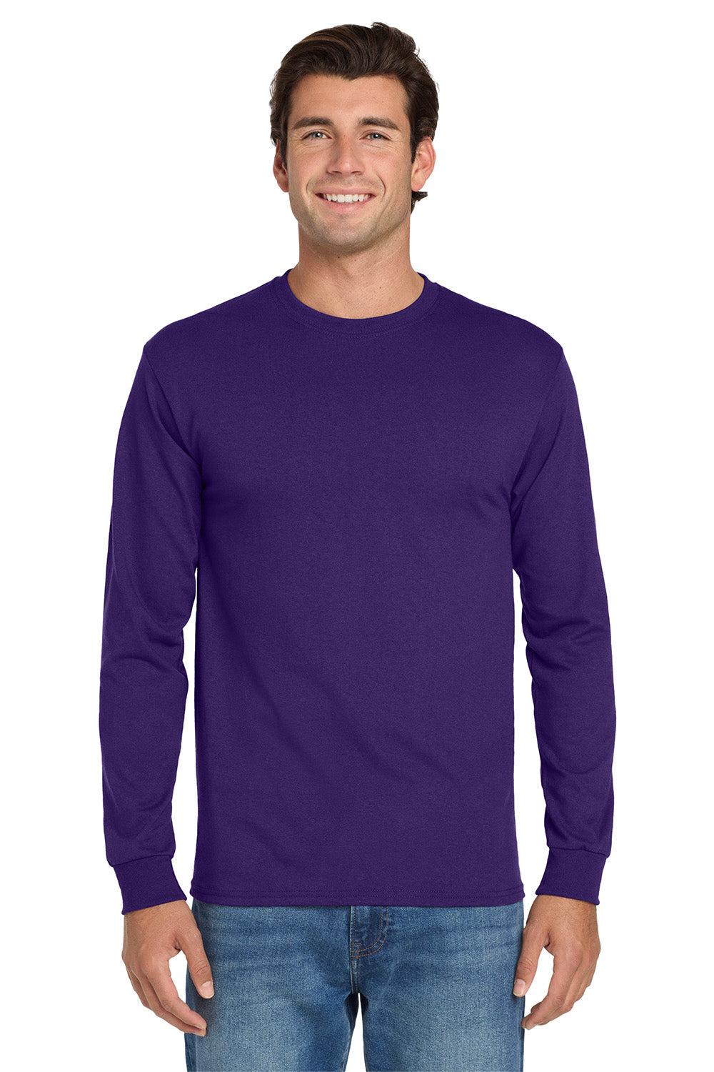 Jerzees 29LS/29L/29LSR Mens Dri-Power Moisture Wicking Long Sleeve Crewneck T-Shirt Deep Purple Model Front