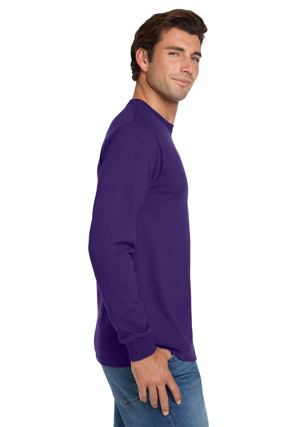 Jerzees 29LS/29L/29LSR Mens Dri-Power Moisture Wicking Long Sleeve Crewneck T-Shirt Deep Purple Model Side