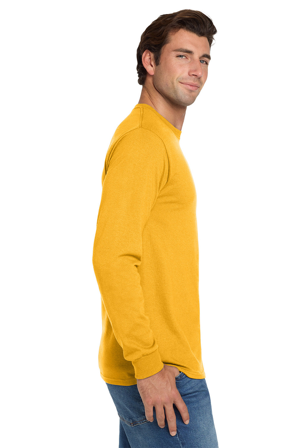 Jerzees 29LS/29L/29LSR Mens Dri-Power Moisture Wicking Long Sleeve Crewneck T-Shirt Gold Model Side