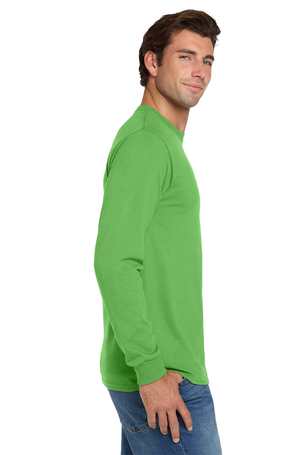 Jerzees 29LS/29L/29LSR Mens Dri-Power Moisture Wicking Long Sleeve Crewneck T-Shirt Kiwi Green Model Side