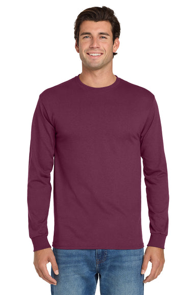 Jerzees 29LS/29L/29LSR Mens Dri-Power Moisture Wicking Long Sleeve Crewneck T-Shirt Maroon Model Front