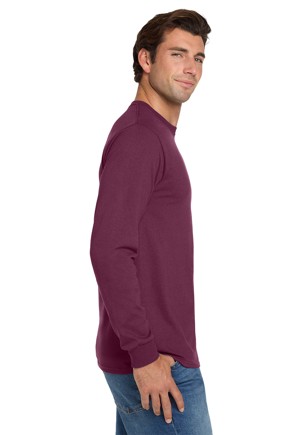 Jerzees 29LS/29L/29LSR Mens Dri-Power Moisture Wicking Long Sleeve Crewneck T-Shirt Maroon Model Side