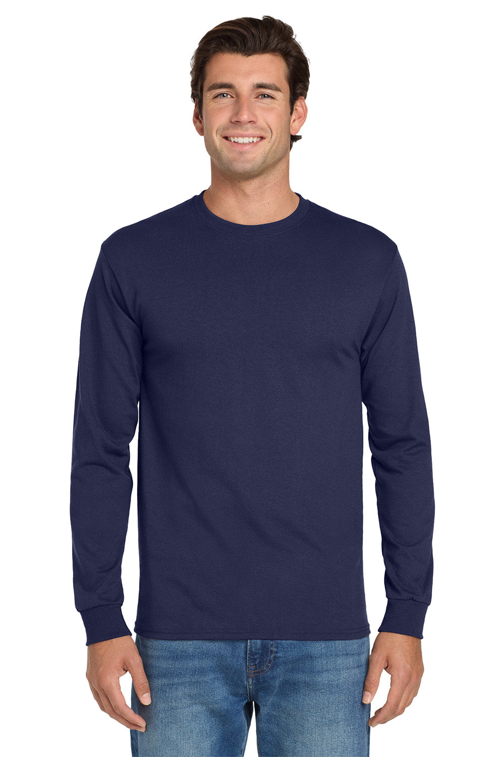 Jerzees 29LS/29L/29LSR Mens Dri-Power Moisture Wicking Long Sleeve Crewneck T-Shirt Navy Blue Model Front