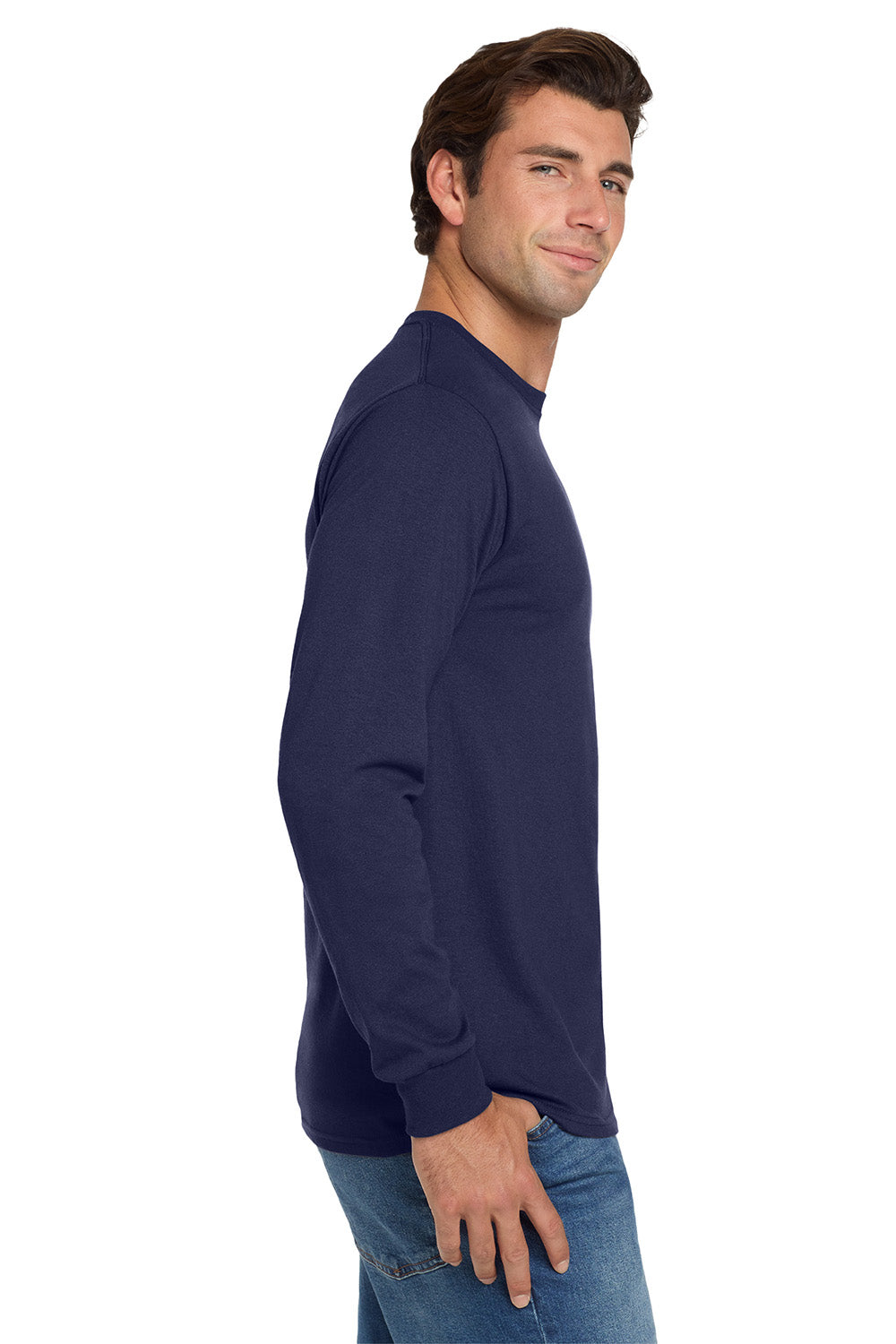 Jerzees 29LS/29L/29LSR Mens Dri-Power Moisture Wicking Long Sleeve Crewneck T-Shirt Navy Blue Model Side