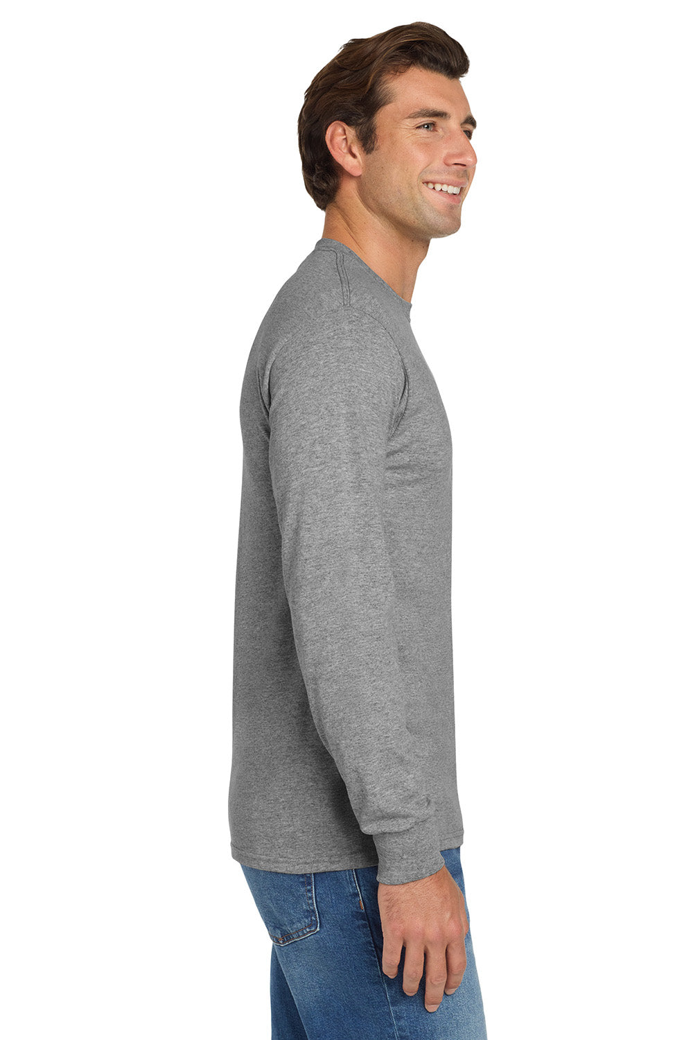 Jerzees 29LS/29L/29LSR Mens Dri-Power Moisture Wicking Long Sleeve Crewneck T-Shirt Oxford Grey Model Side