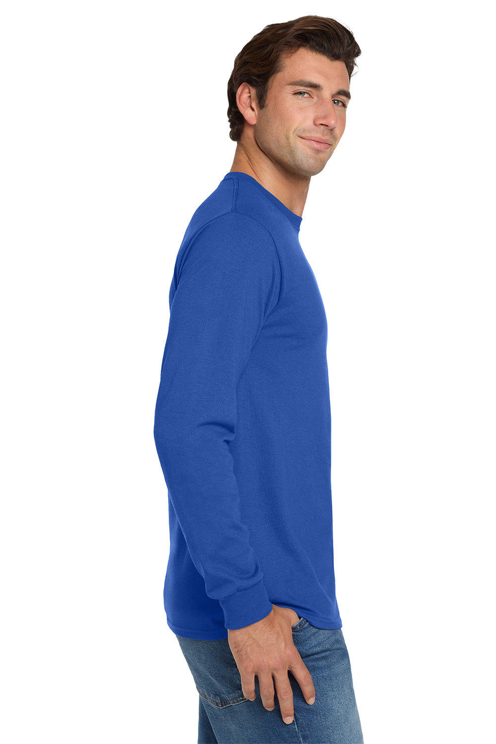 Jerzees 29LS/29L/29LSR Mens Dri-Power Moisture Wicking Long Sleeve Crewneck T-Shirt Royal Blue Model Side