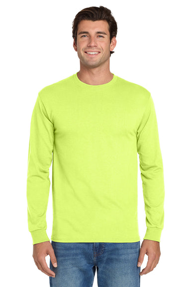 Jerzees 29LS/29L/29LSR Mens Dri-Power Moisture Wicking Long Sleeve Crewneck T-Shirt Safety Green Model Front