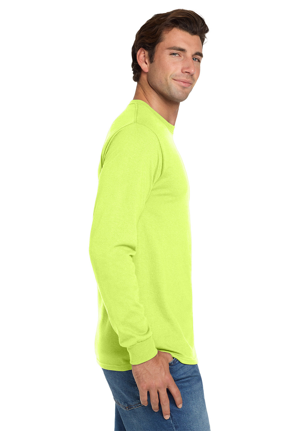 Jerzees 29LS/29L/29LSR Mens Dri-Power Moisture Wicking Long Sleeve Crewneck T-Shirt Safety Green Model Side