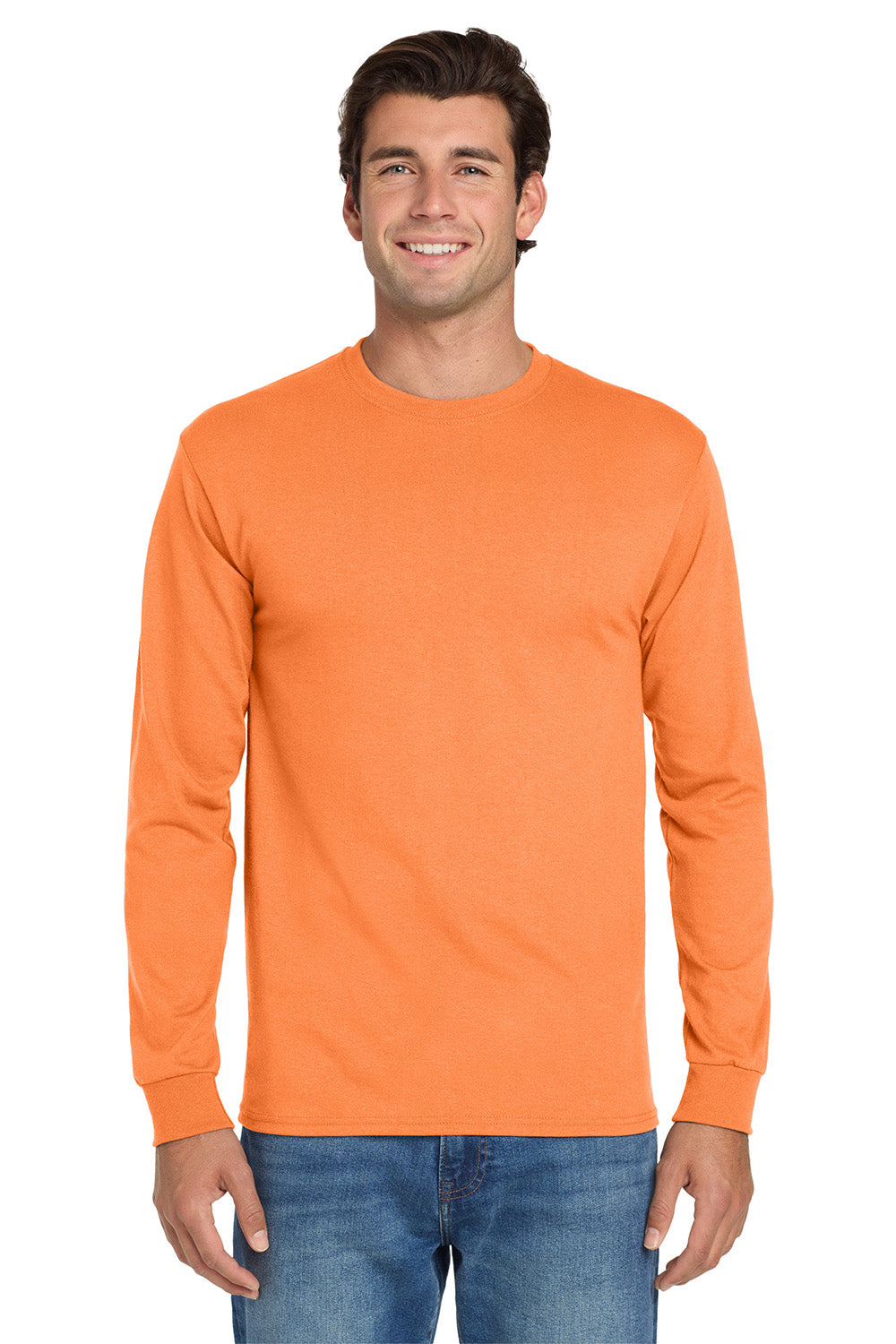 Jerzees 29LS/29L/29LSR Mens Dri-Power Moisture Wicking Long Sleeve Crewneck T-Shirt Safety Orange Model Front