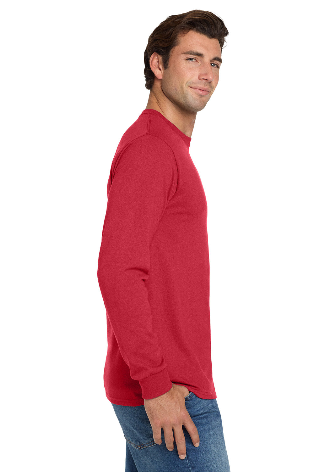 Jerzees 29LS/29L/29LSR Mens Dri-Power Moisture Wicking Long Sleeve Crewneck T-Shirt True Red Model Side