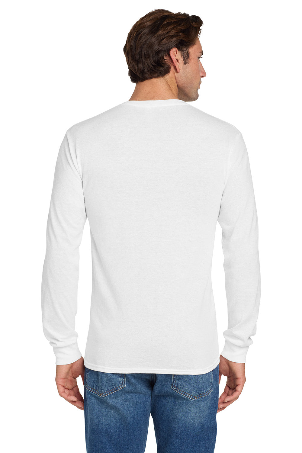 Jerzees 29LS/29L/29LSR Mens Dri-Power Moisture Wicking Long Sleeve Crewneck T-Shirt White Model Back