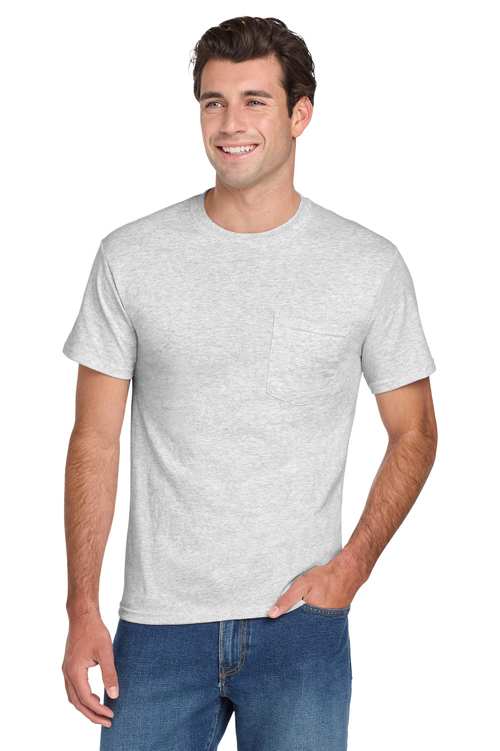 Jerzees 29MP/29P/29MPR Mens Dri-Power Moisture Wicking Short Sleeve Crewneck T-Shirt w/ Pocket Ash Grey Model Front