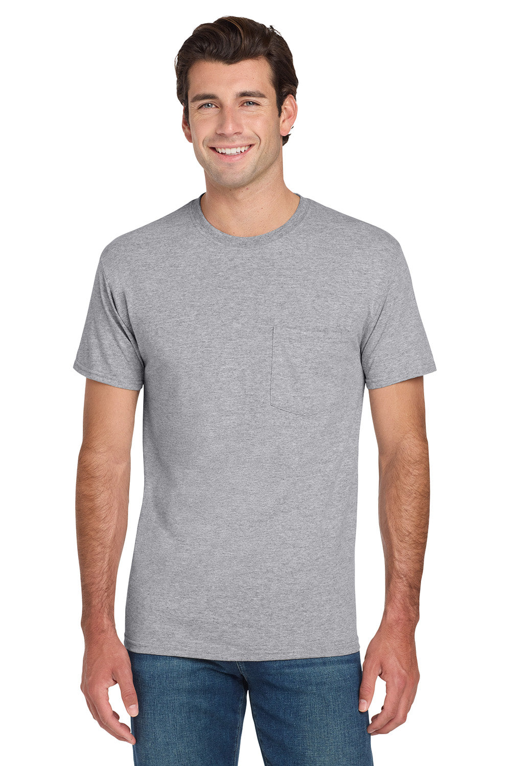 Jerzees 29MP/29P/29MPR Mens Dri-Power Moisture Wicking Short Sleeve Crewneck T-Shirt w/ Pocket Heather Grey Model Front