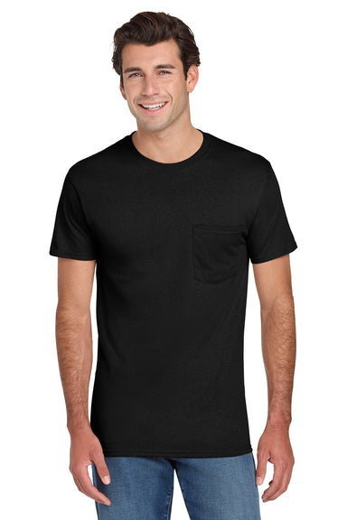 Jerzees 29MP/29P/29MPR Mens Dri-Power Moisture Wicking Short Sleeve Crewneck T-Shirt w/ Pocket Black Model Front