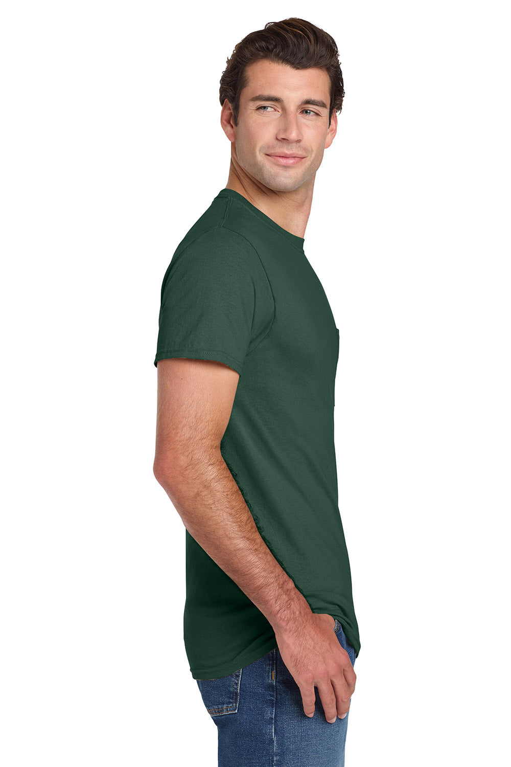 Jerzees 29MP/29P/29MPR Mens Dri-Power Moisture Wicking Short Sleeve Crewneck T-Shirt w/ Pocket Forest Green Model Side