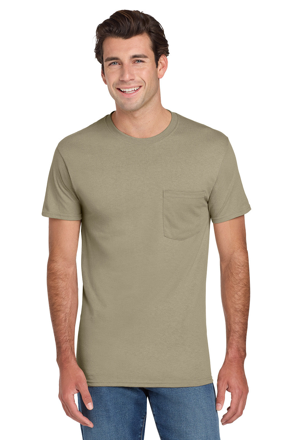 Jerzees 29MP/29P/29MPR Mens Dri-Power Moisture Wicking Short Sleeve Crewneck T-Shirt w/ Pocket Khaki Model Front