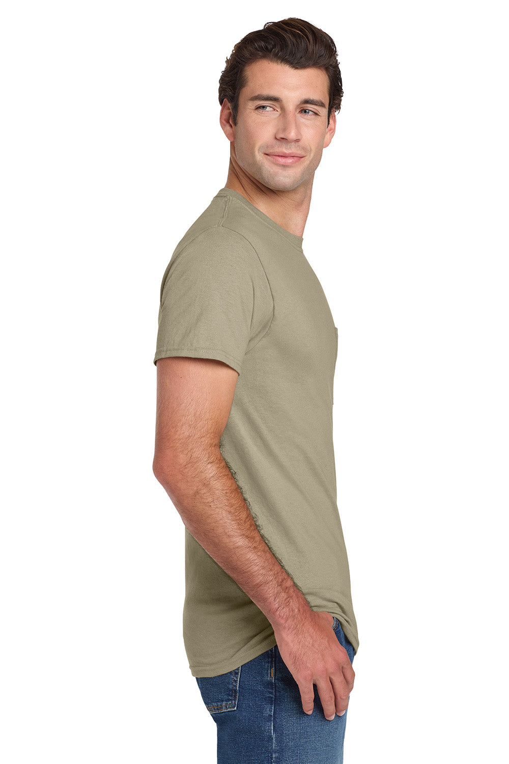 Jerzees 29MP/29P/29MPR Mens Dri-Power Moisture Wicking Short Sleeve Crewneck T-Shirt w/ Pocket Khaki Model Side