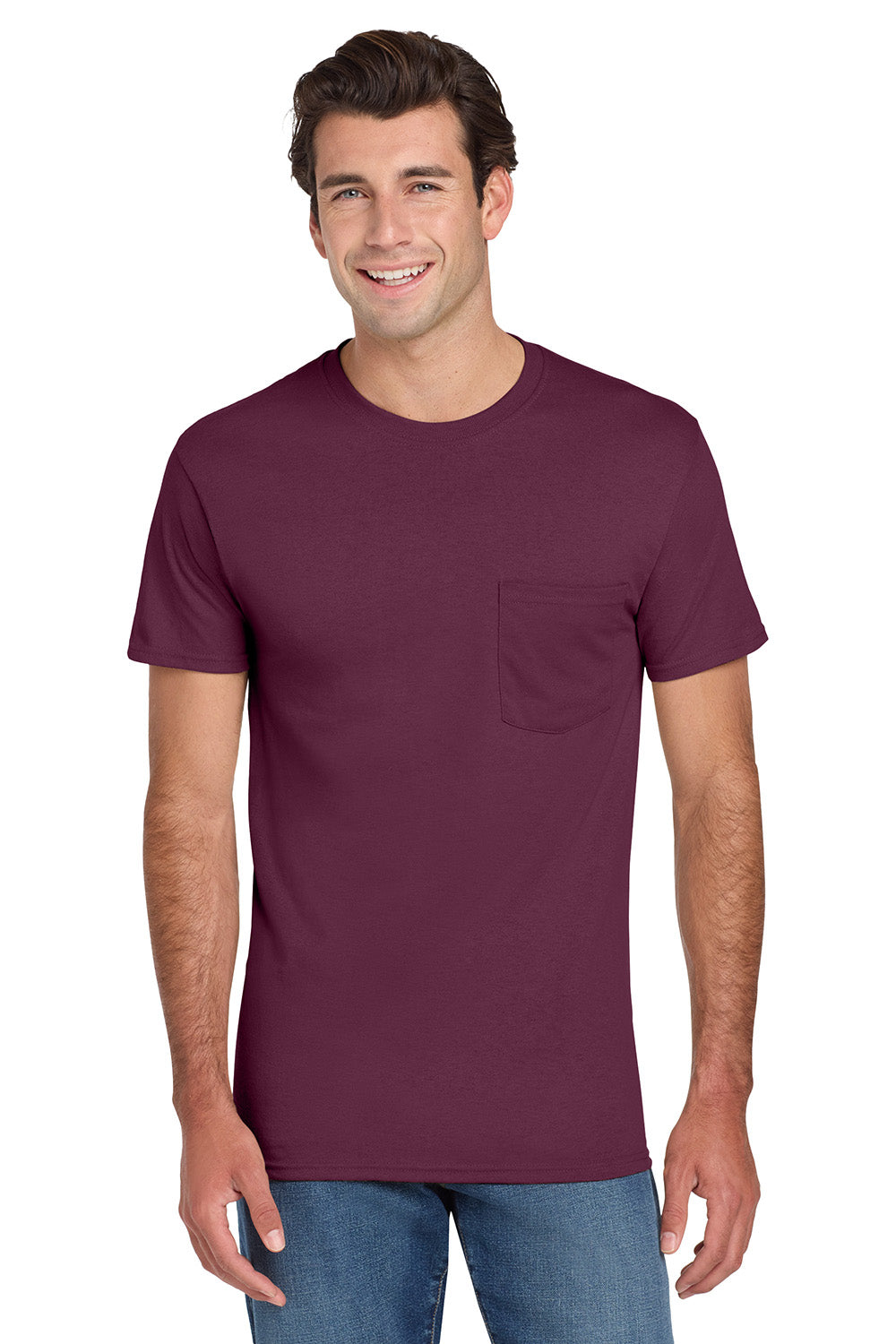 Jerzees 29MP/29P/29MPR Mens Dri-Power Moisture Wicking Short Sleeve Crewneck T-Shirt w/ Pocket Maroon Model Front