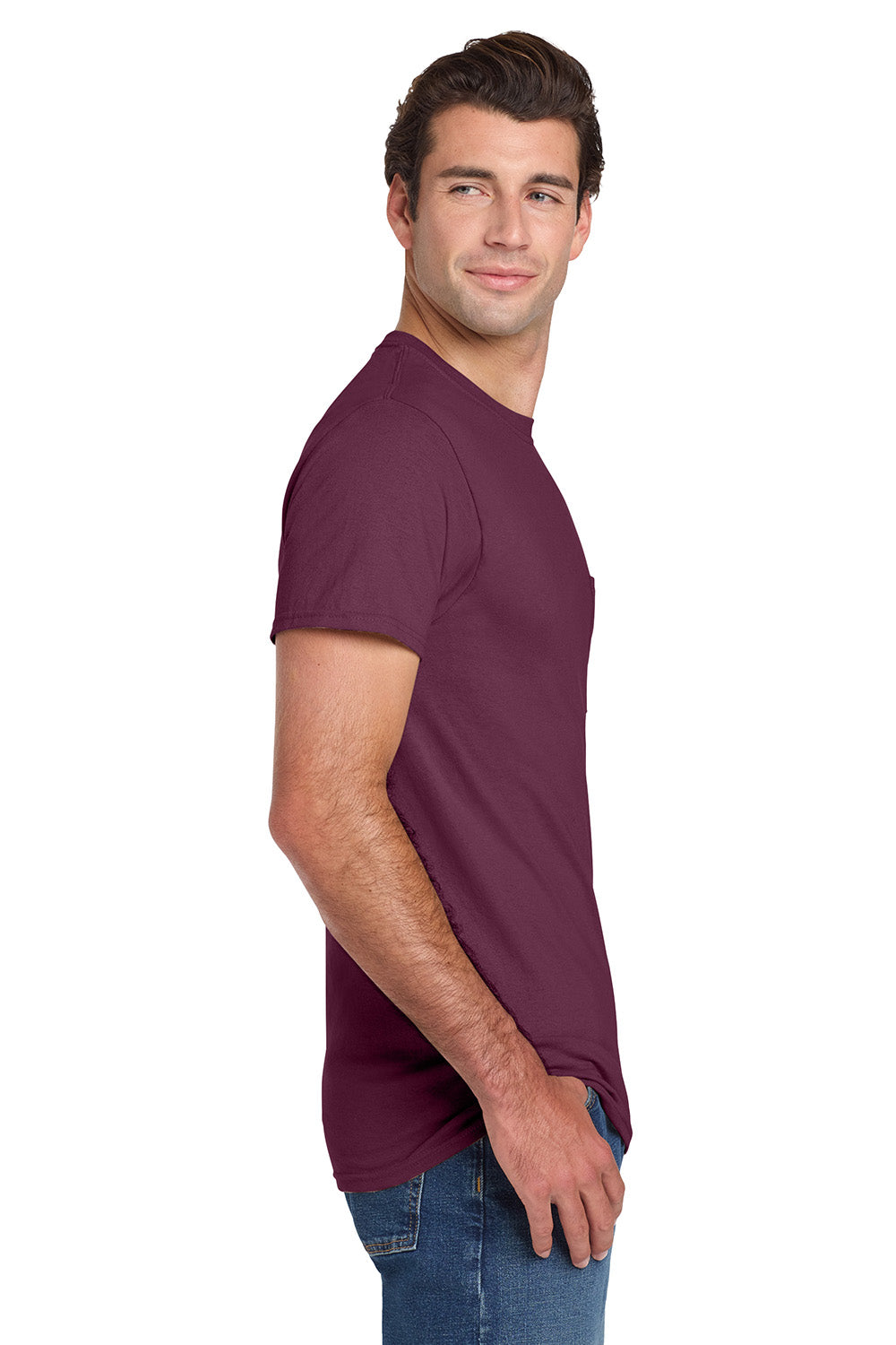 Jerzees 29MP/29P/29MPR Mens Dri-Power Moisture Wicking Short Sleeve Crewneck T-Shirt w/ Pocket Maroon Model Side