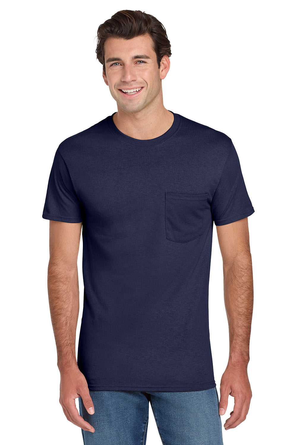 Jerzees 29MP/29P/29MPR Mens Dri-Power Moisture Wicking Short Sleeve Crewneck T-Shirt w/ Pocket Navy Blue Model Front