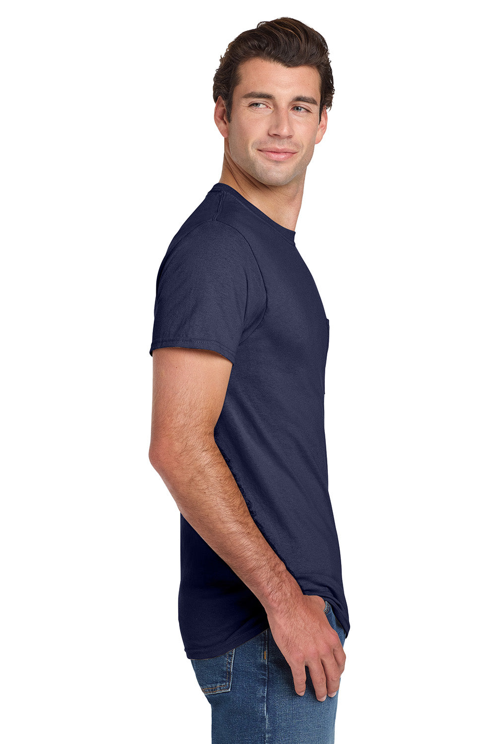 Jerzees 29MP/29P/29MPR Mens Dri-Power Moisture Wicking Short Sleeve Crewneck T-Shirt w/ Pocket Navy Blue Model Side