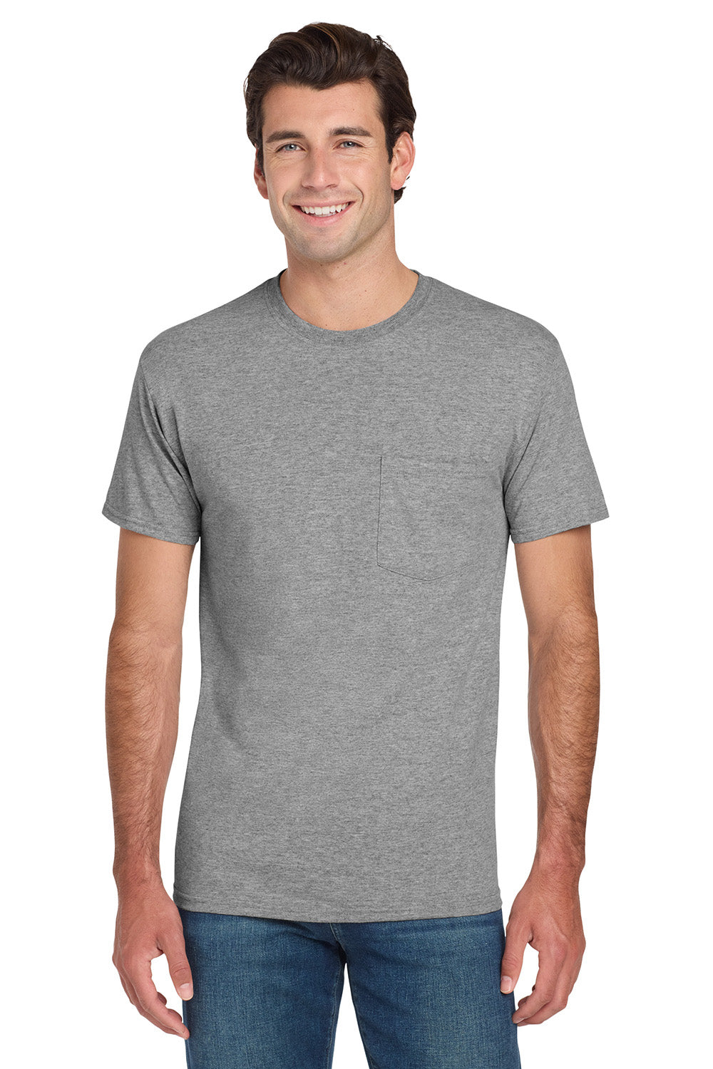 Jerzees 29MP/29P/29MPR Mens Dri-Power Moisture Wicking Short Sleeve Crewneck T-Shirt w/ Pocket Oxford Grey Model Front