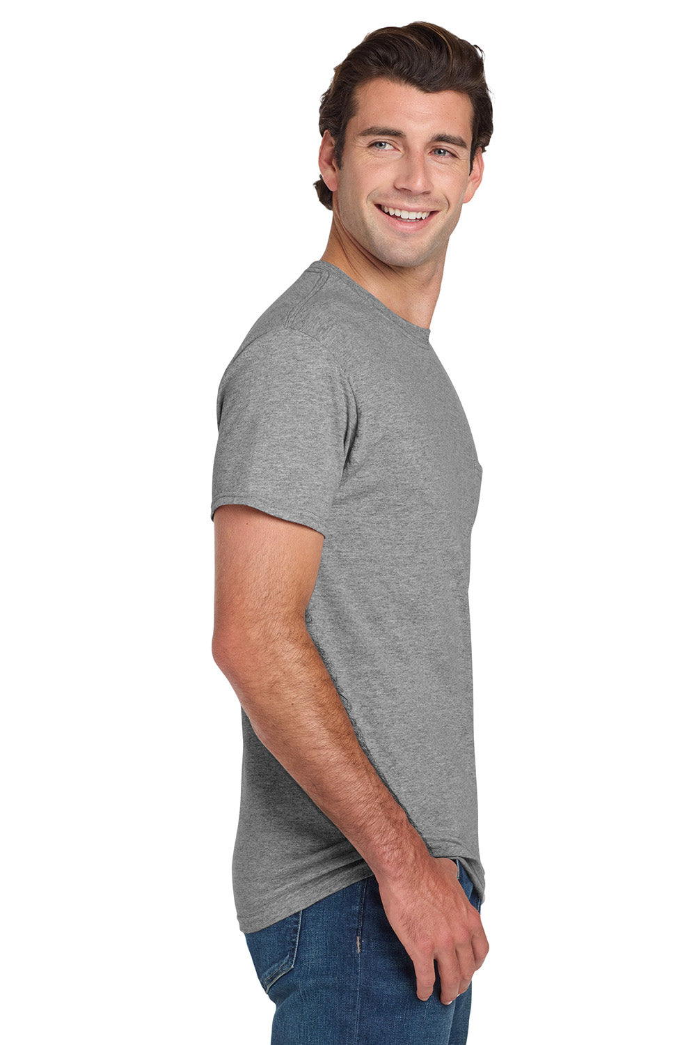 Jerzees 29MP/29P/29MPR Mens Dri-Power Moisture Wicking Short Sleeve Crewneck T-Shirt w/ Pocket Oxford Grey Model Side