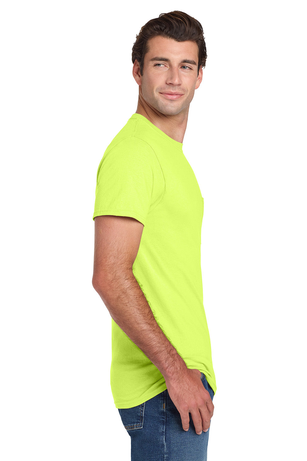 Jerzees 29MP/29P/29MPR Mens Dri-Power Moisture Wicking Short Sleeve Crewneck T-Shirt w/ Pocket Safety Green Model Side