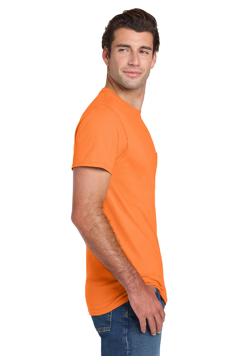 Jerzees 29MP/29P/29MPR Mens Dri-Power Moisture Wicking Short Sleeve Crewneck T-Shirt w/ Pocket Safety Orange Model Side