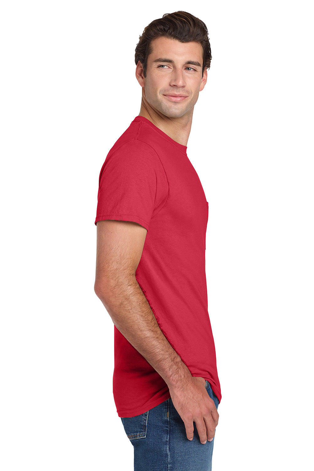 Jerzees 29MP/29P/29MPR Mens Dri-Power Moisture Wicking Short Sleeve Crewneck T-Shirt w/ Pocket True Red Model Side