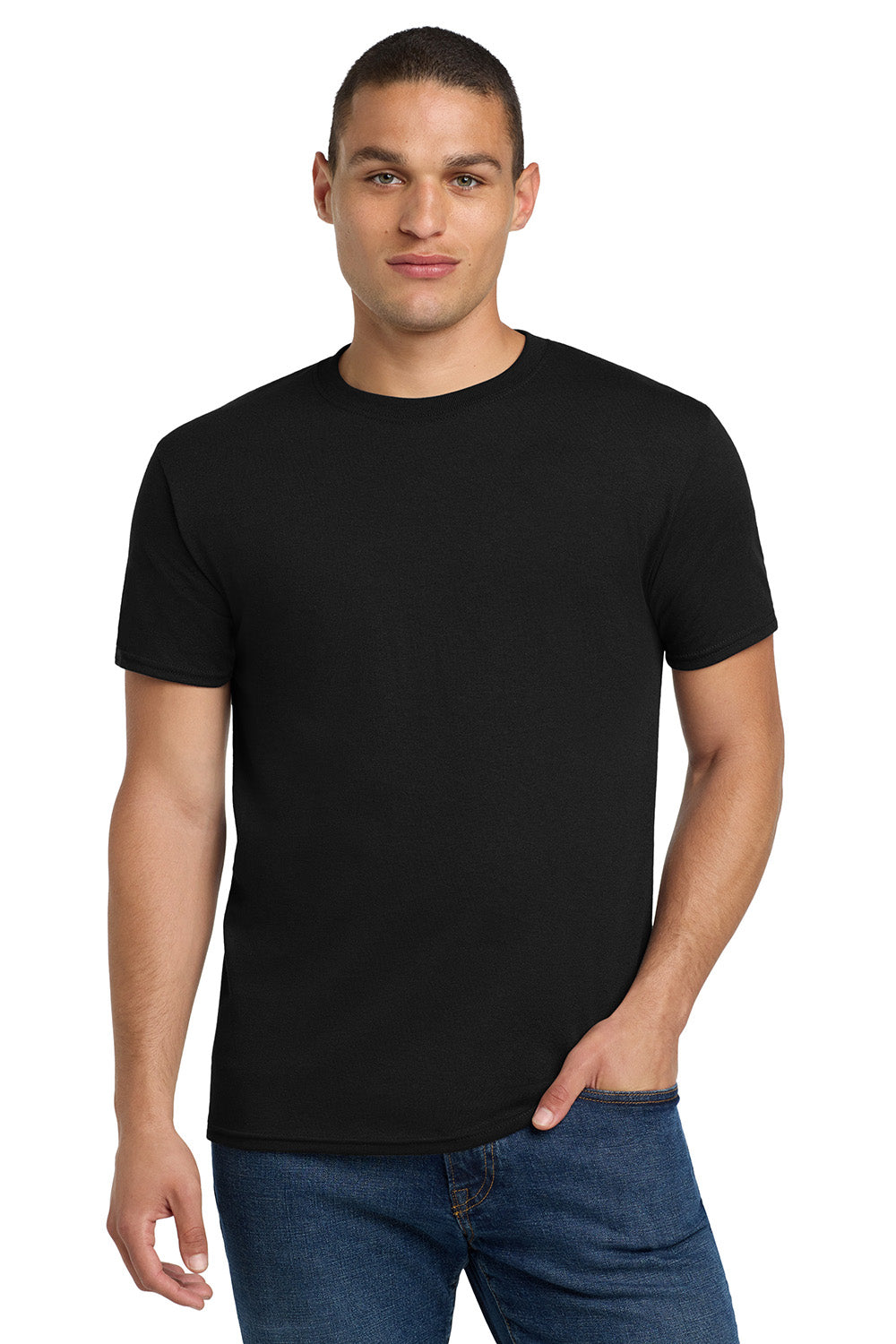 Jerzees 29M/29MR/29MT Mens Dri-Power Moisture Wicking Short Sleeve Crewneck T-Shirt Black Model Front