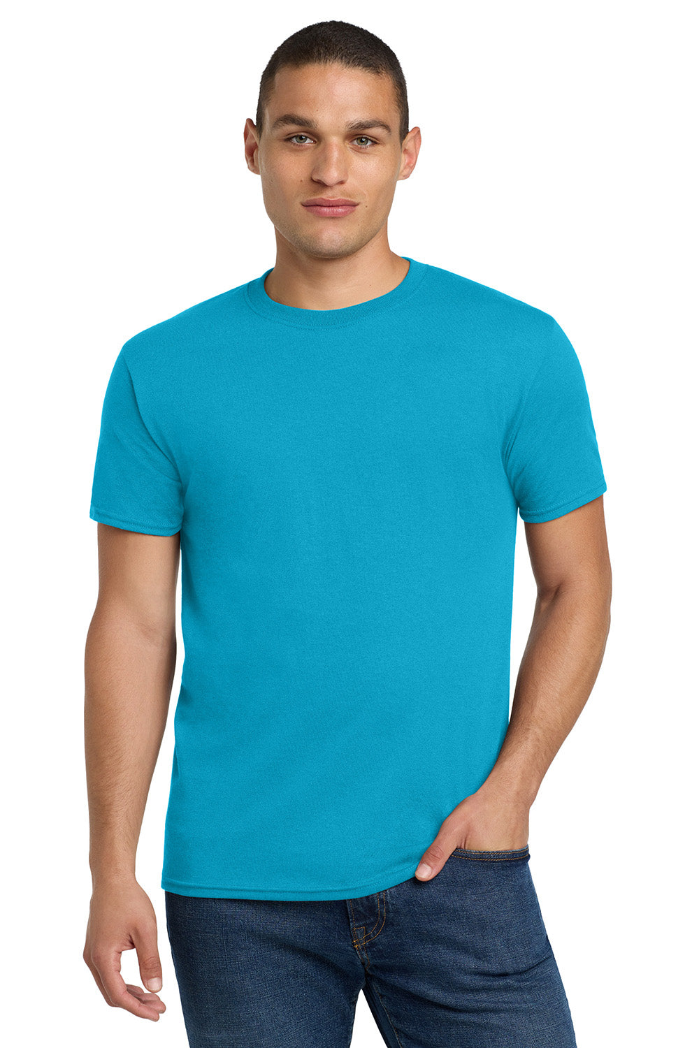 Jerzees 29M/29MR/29MT Mens Dri-Power Moisture Wicking Short Sleeve Crewneck T-Shirt California Blue Model Front