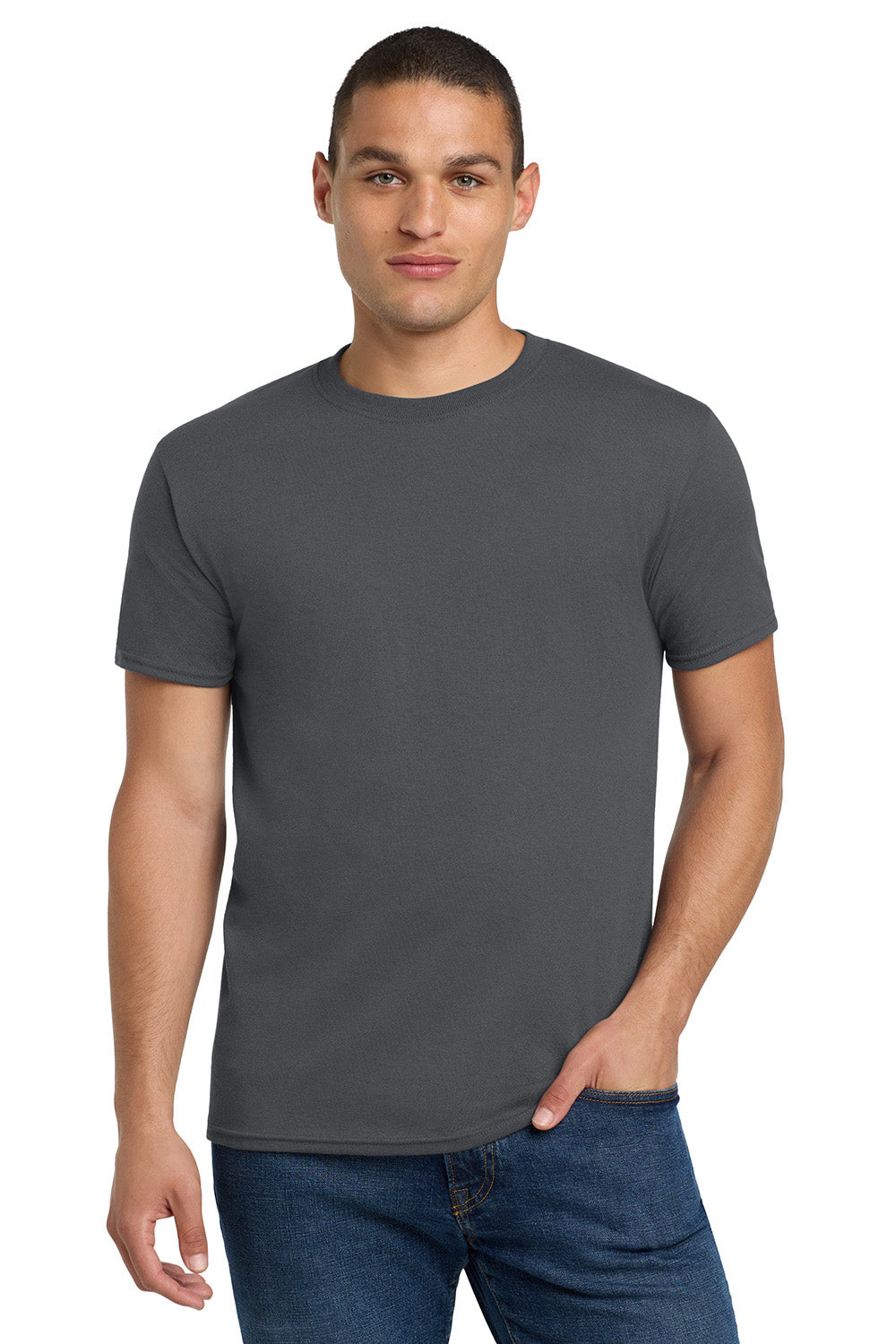 Jerzees 29M/29MR/29MT Mens Dri-Power Moisture Wicking Short Sleeve Crewneck T-Shirt Charcoal Grey Model Front